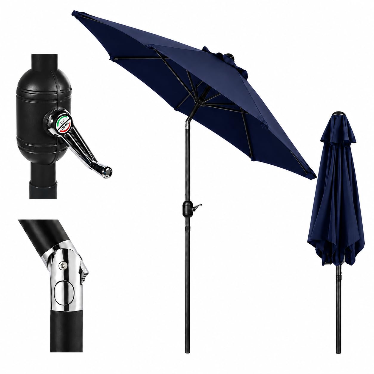 Alfresia Navy 2.7M Garden Parasol With Crank Handle & Tilt Function, Water-Resistant Patio Umbrella With Steel Pole & 6 Ribs, Outdoor Sun Shade Canopy For Garden Table, Patio & Decking