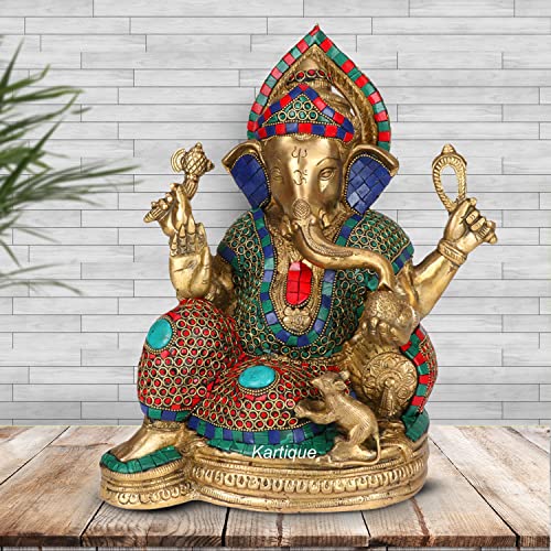 Image of Kartique Brass Ganesha Idol Sitting Stone Inlay Multicolor 13 Inch