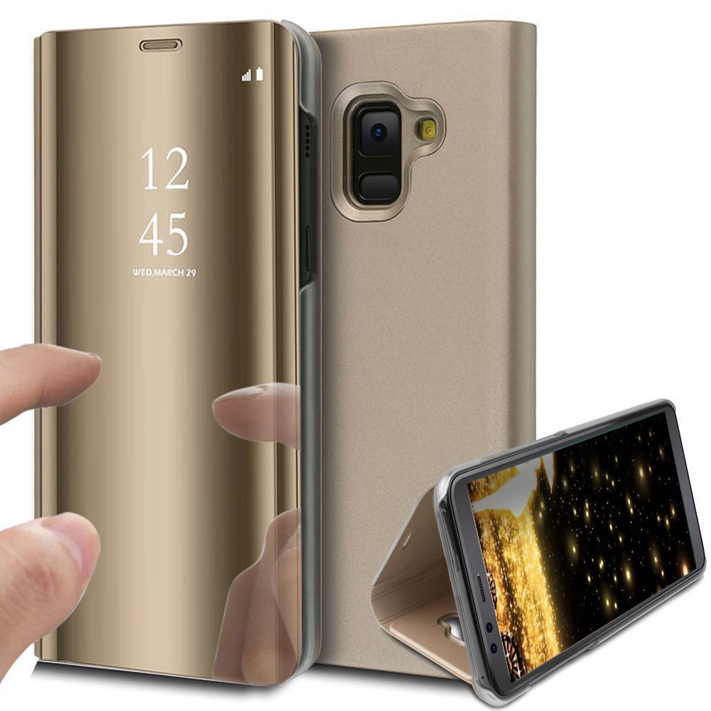HMTECHGalaxy A8 2018 Case Cool Clear View Protective Leather Electroplating Mirror Makeup Cover with Stand Function for Samsung Galaxy A8 2018, Gold Mirro PU with Stand