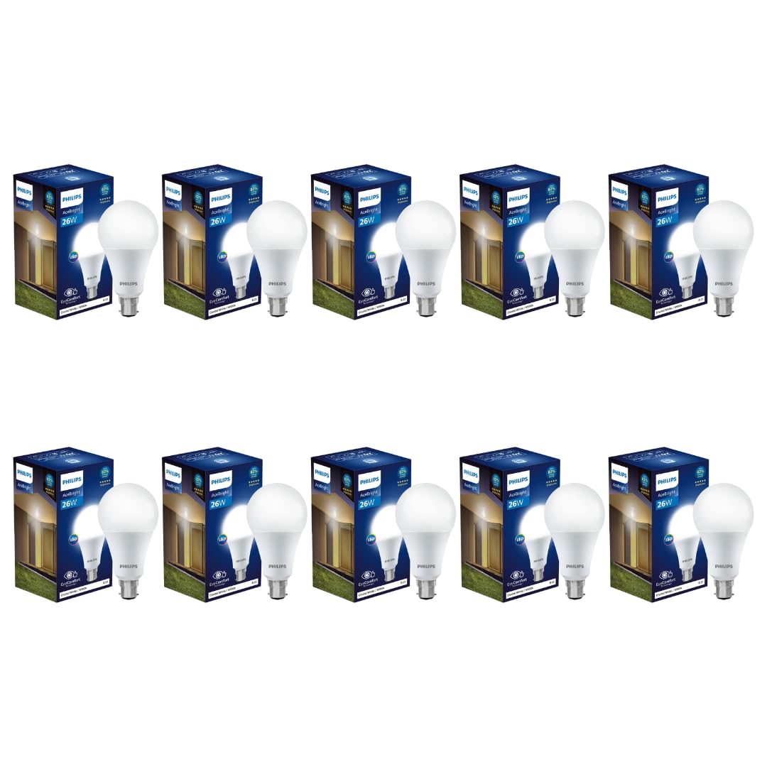 Philips 26-watt LED Bulb |AceBright High Wattage LED Bulb|Base: B22 Light Bulb for Home | Crystal White, Pack of 10