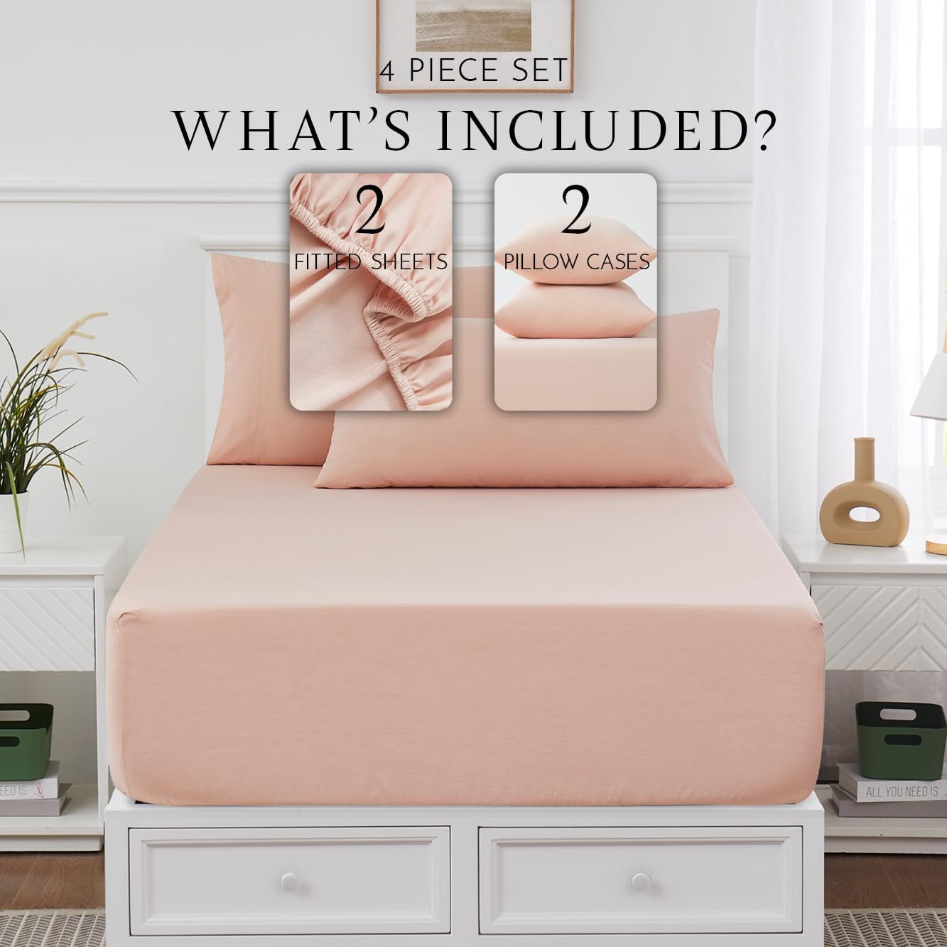 Linen Closet Cotton Rich Twin/Twin XL Dorm Sheet Set with Bonus Phone Pocket, Includes Two Fitted Sheets and Two Pillowcases, fits up to 14" Mattress, Rose