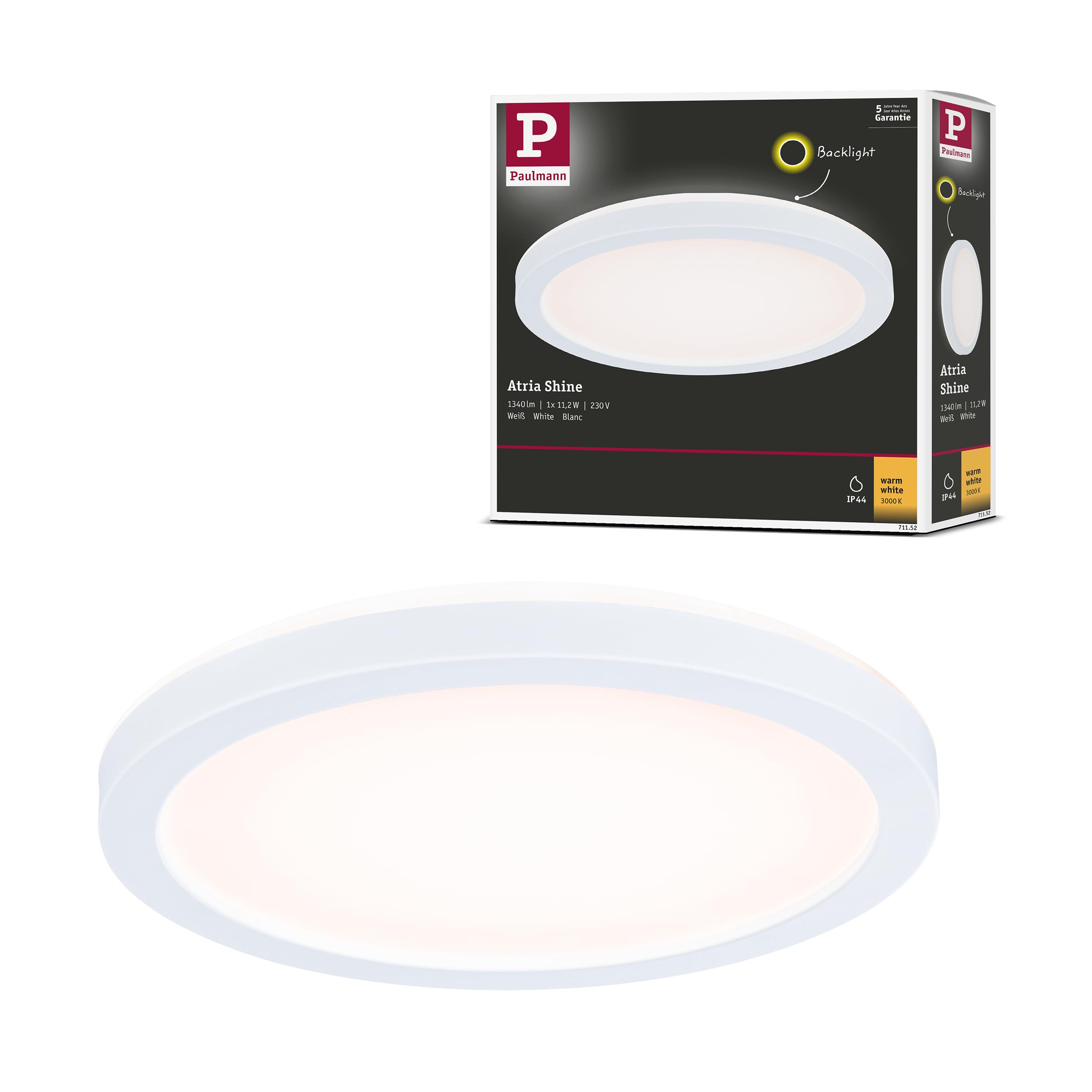 Paulmann 71152 Atria Shine Backlight LED Panel IP44 Round 190 mm 11.2W 850lm 3000K White Panel luminaire