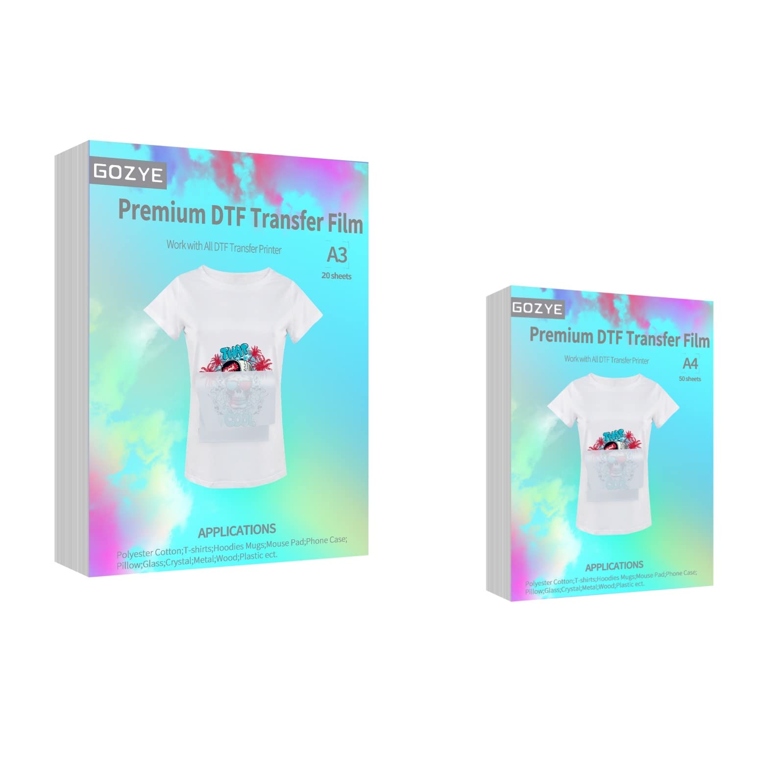 GOZYE Premium DTF Transfer Film - 70 Sheets PET Heat Transfer Paper for Direct-to-Film Printing on T-Shirts Textile,20 Sheets A3 (11.7" x 16.5") & 50 Sheets A4 (8.3" x 11.7")