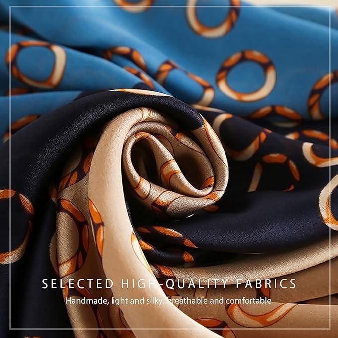 Image of Alexvyan Satin Silk Summer Scarves 170 x 84 cm, Blue & Beige Circle Pattern with Stitched Border, Lightweight Fashion Scarf for Women Sun Protection Stole.