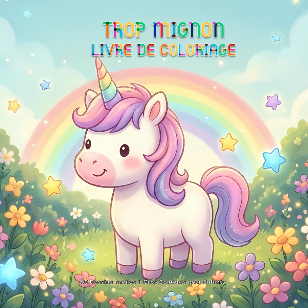 Livre de Coloriage Trop Mignon: 50 Dessins Faciles et Amusants à Gros Contours pour Enfants et Débutants | Licornes, Animaux, Nourriture et Objets Kawaii | Parfait pour les Petites Mains