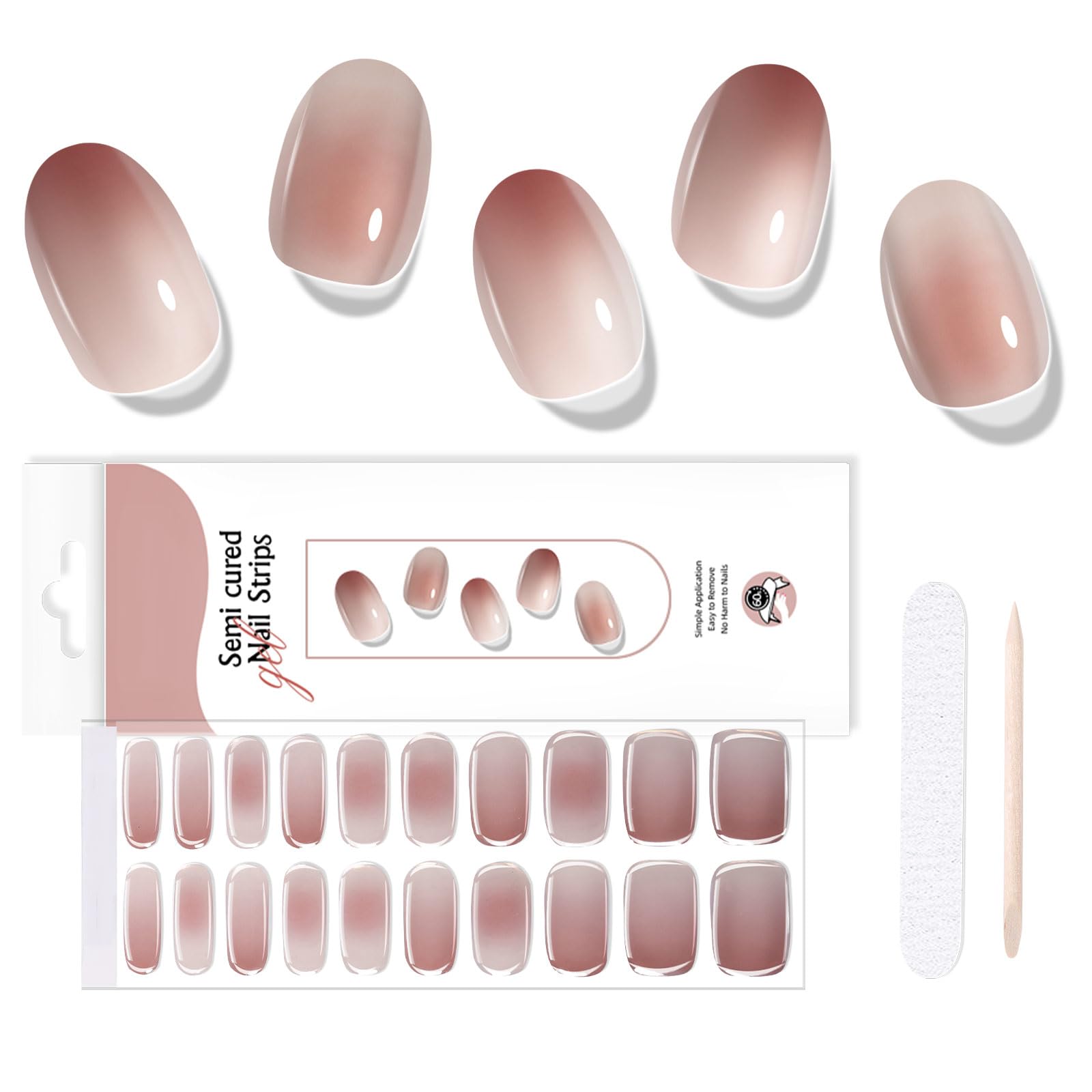 Semi Cured Gel Nail Strips 20 Pcs Gel Nail Stickers UV Light Required Nails Wraps for Women Gradient Light Brown