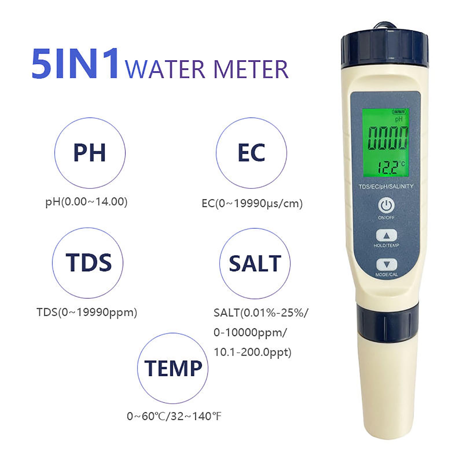 NGARY TDS Meter Digital Water Tester, TDS/pH/Temperature 5-in-1 PH Pen con Función De Retención De Datos, Rango De Medición De PH con 0-14, para Agua Potable, Piscina Y Acuario