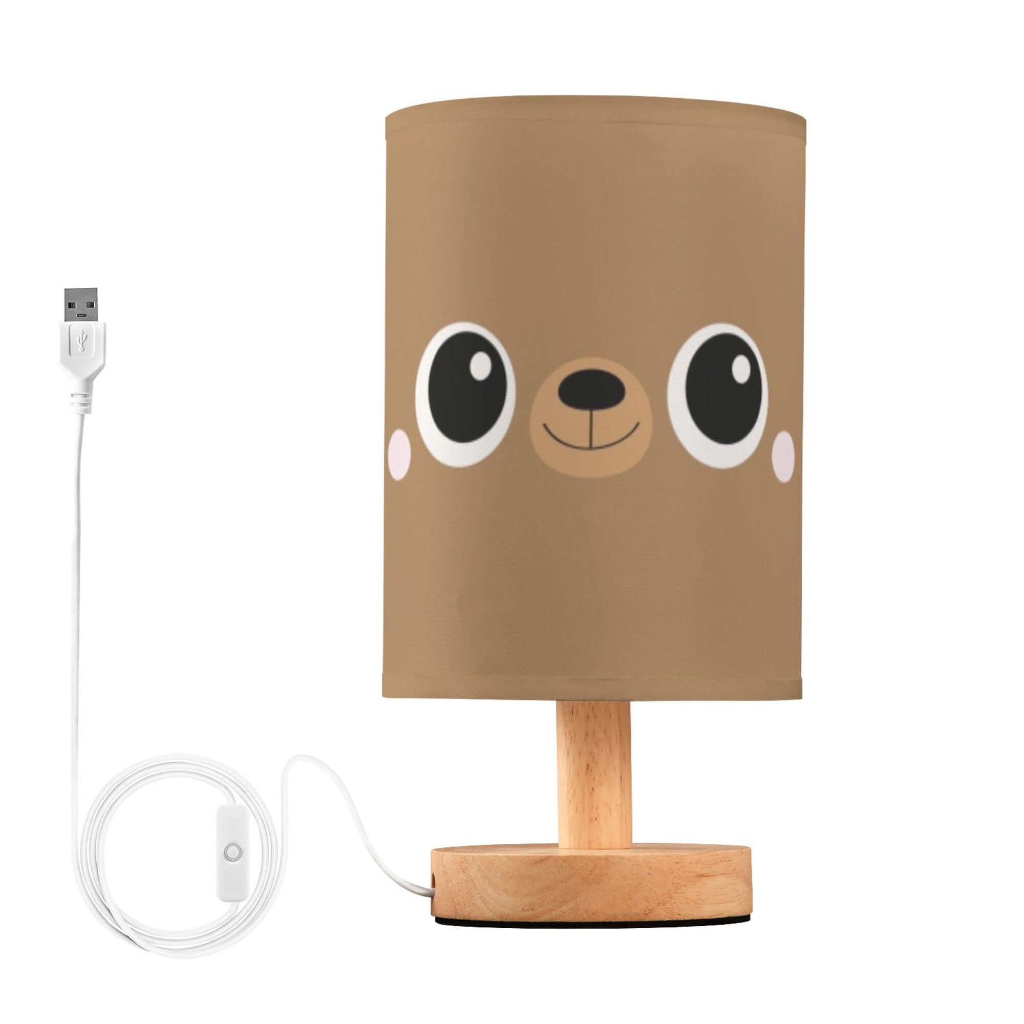 YYZZH Table Lamp Cute Bear Face Cartoon Character Scandinavian Style Nightstand Lamp with Wood Base Fabric Lamp Shade Bedside Desk Lamp for Living Room Bedroom Kids Room Office