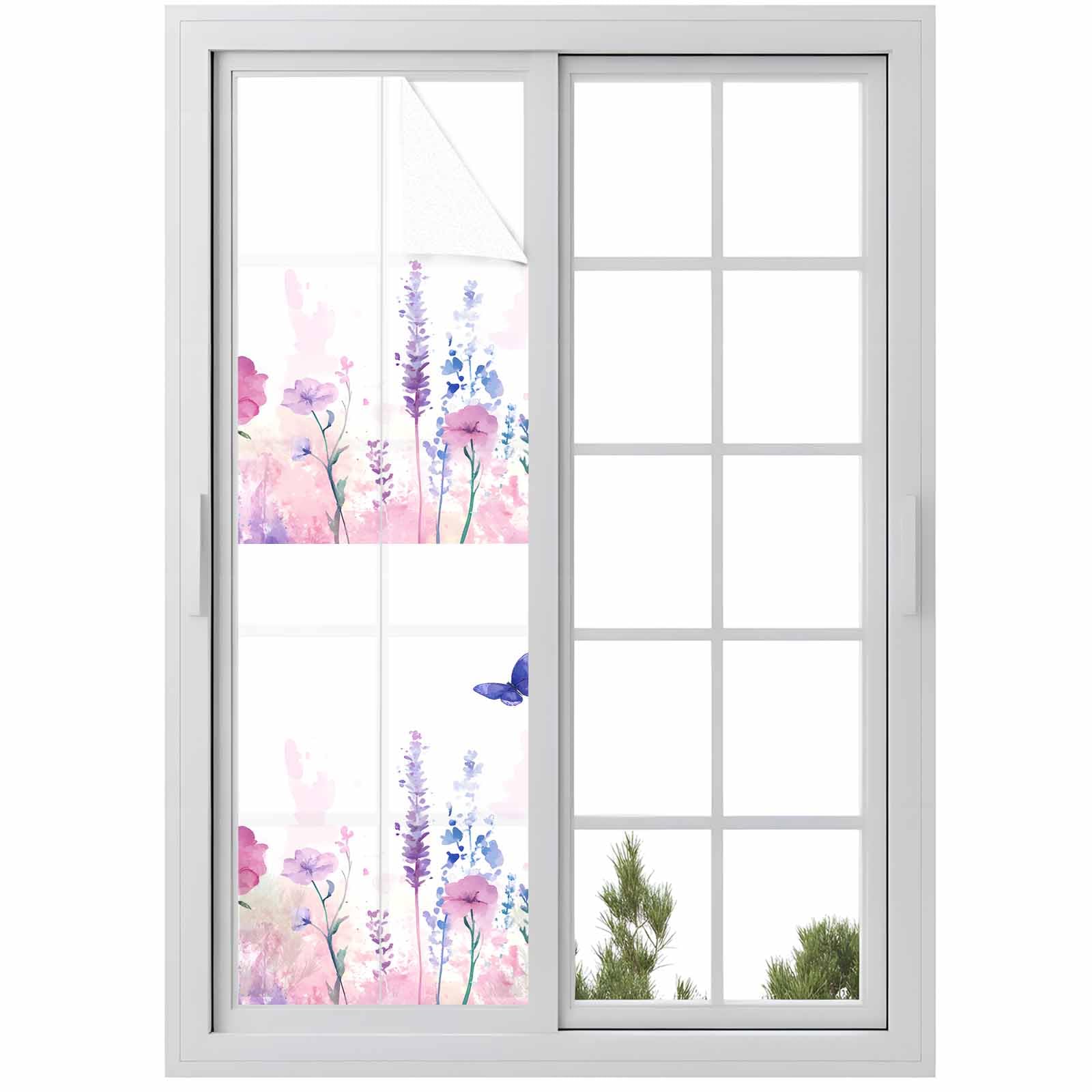 Window Privacy Film Frosted, Watercolor Flowers Reusable Static Cling Window Tints, Butterfly Lavender Watercolor Spring Heat Control Windows Films for Offices, Balcony, 29.5 x 118 Inches