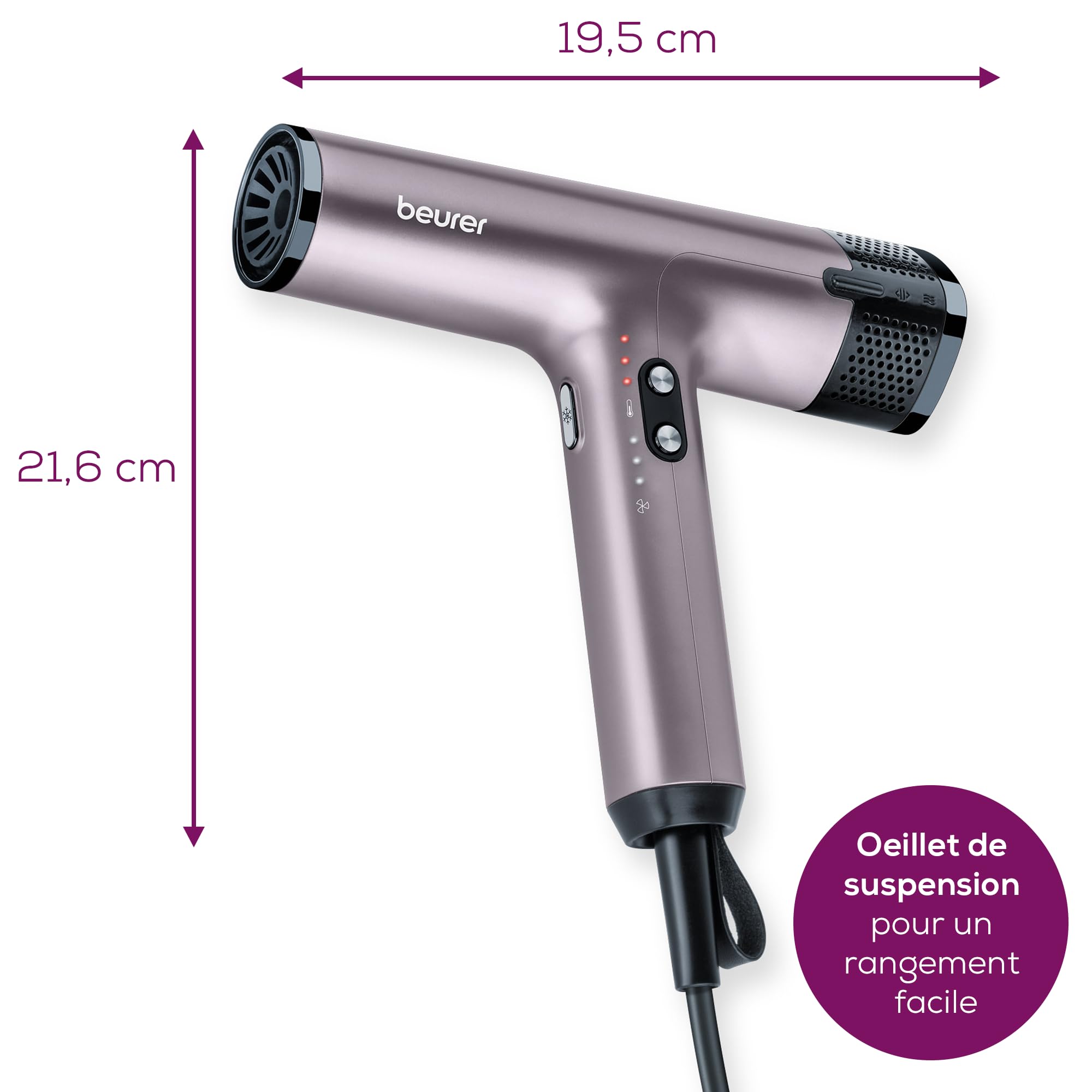 Beurer HC 100 Excellence Sèche-cheveux ionique, puissant et ultra léger, 4 niveaux de température et de soufflerie, séchage rapide et douceur, buse de styling & diffuseur boucle professionnel