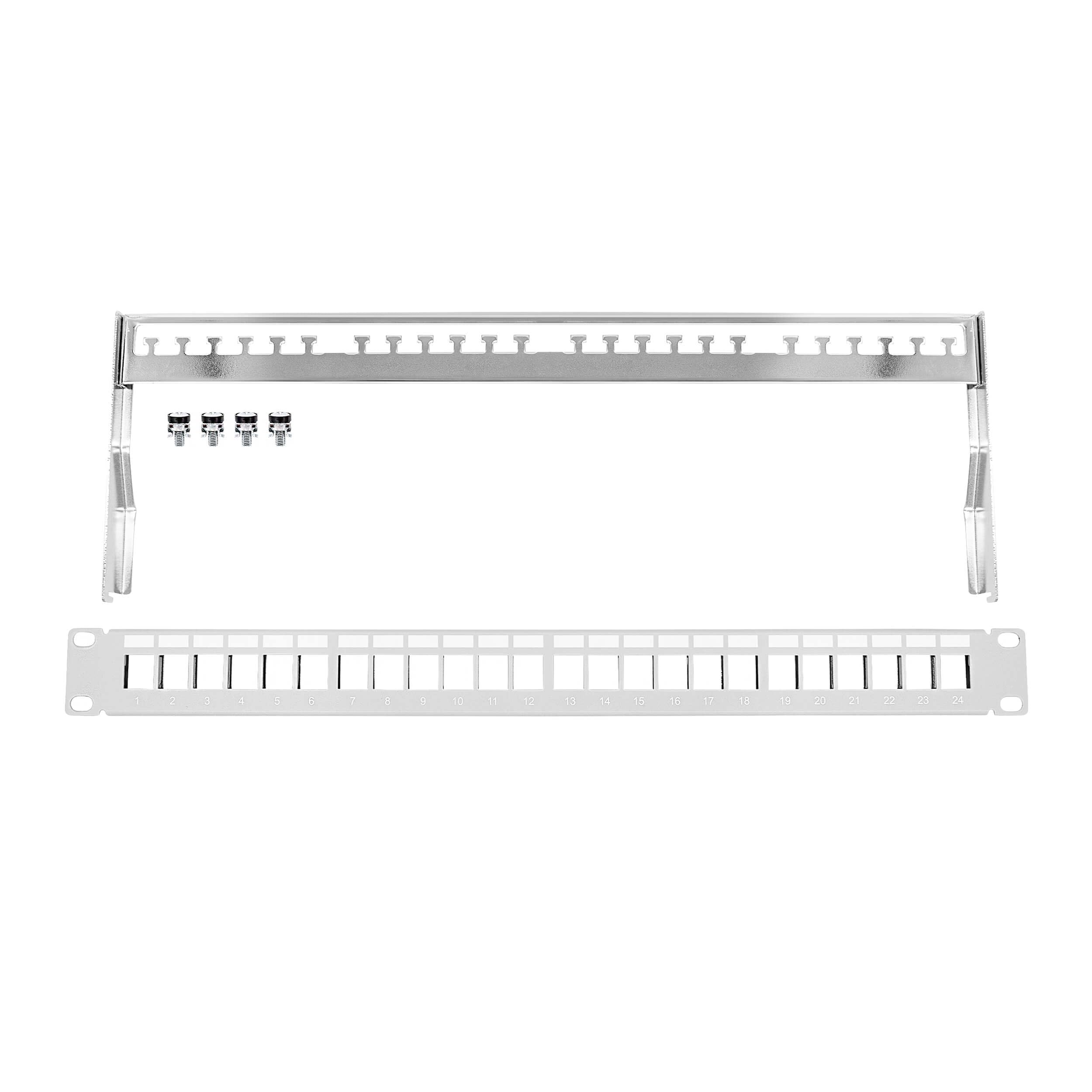 ProfiPatch Cat8 Patchpanel mit 24 Keystone Module RJ45 Patchfeld 19 Zoll 40 Gbit/s 2000MHz 24 Port Verteilerfeld RJ45 Rackeinbau Geschirmtes Keystone Patchpanel 1HE für Verlegekabel, LAN Kabel grau | 24 Keystone Module, 40 Gbit/s, 2000MHz, Geschirmt, Für