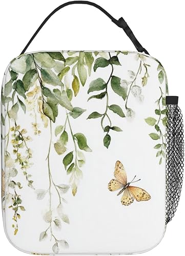 Vista 249 de SUPLUCHOM Lonchera vintage con diseño de hojas de hongos y bosque, bolsa aislada reutilizable con bolsillo lateral para el trabajo, escuela, picnic