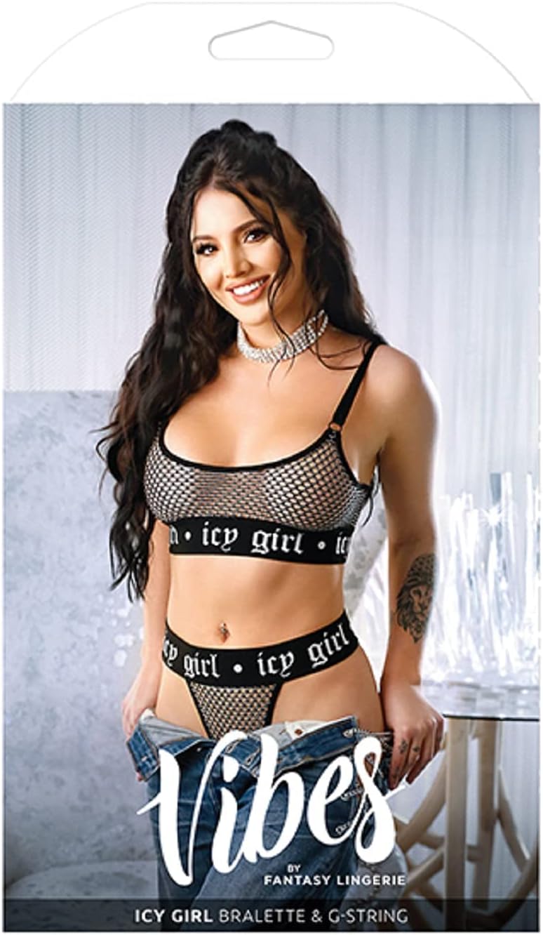 Fantasy Lingerie - Vibes ICY Girl Metallic Fishnet Bralette & G-String Black (Small - Medium)