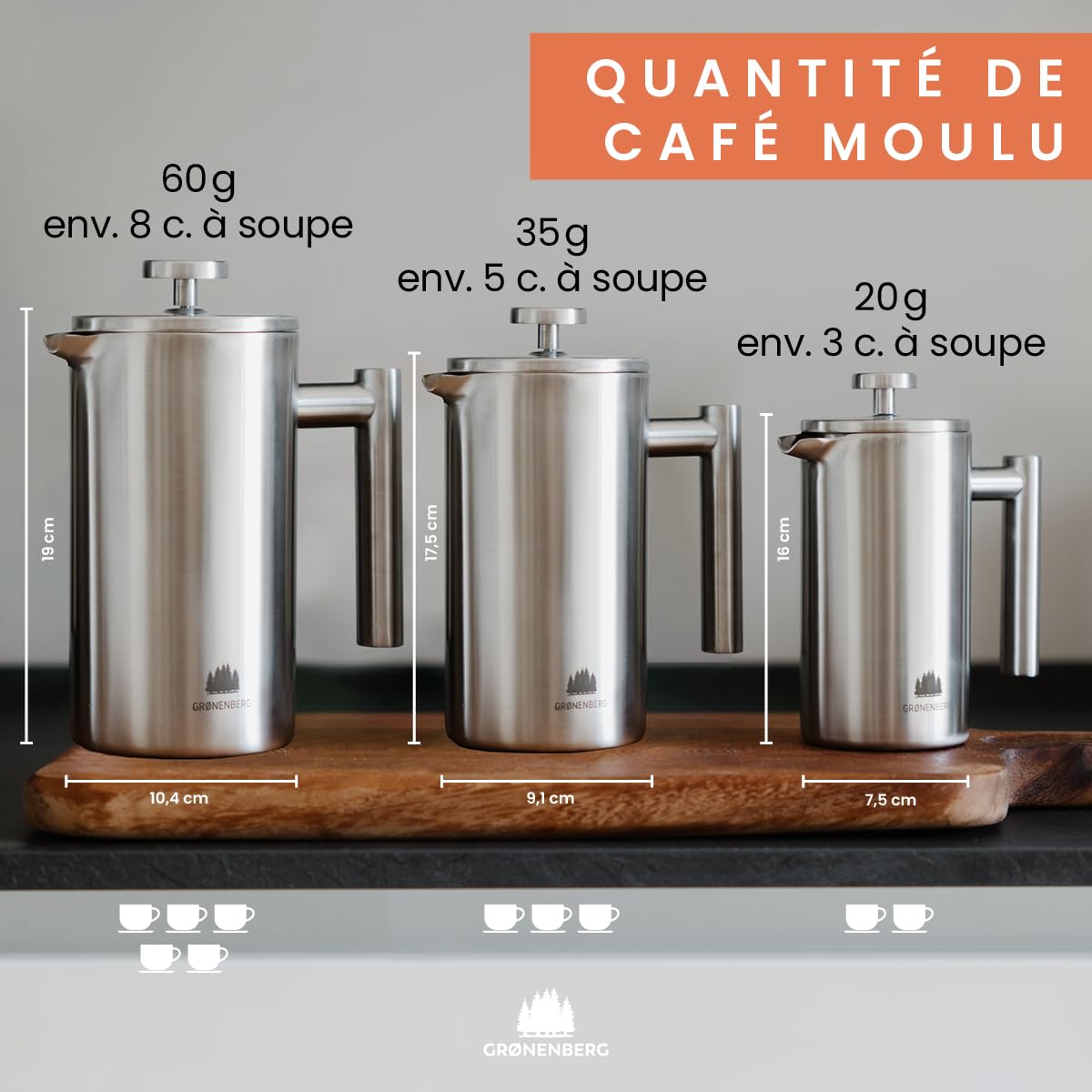 Groenenberg Cafetière à Piston | French Press avec filtres de rechange | 0,6 litre (3 tasses) | Cafetière a Piston en acier (inox)