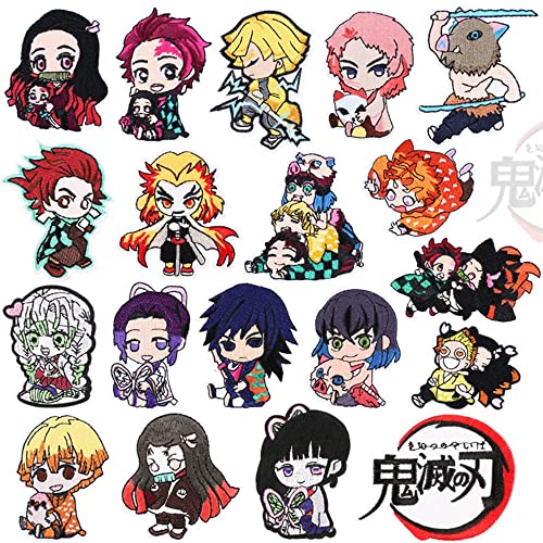 Aufnäher zum Aufbügeln für Kleidung, 19 Stück zum Aufbügeln, Anime-Flicken, Demon Slayer, bestickt, zum Aufbügeln, dekorative Applikation, Patches für DIY-Jeans, Jacken, Hemden, Taschen, Mützen Cover
