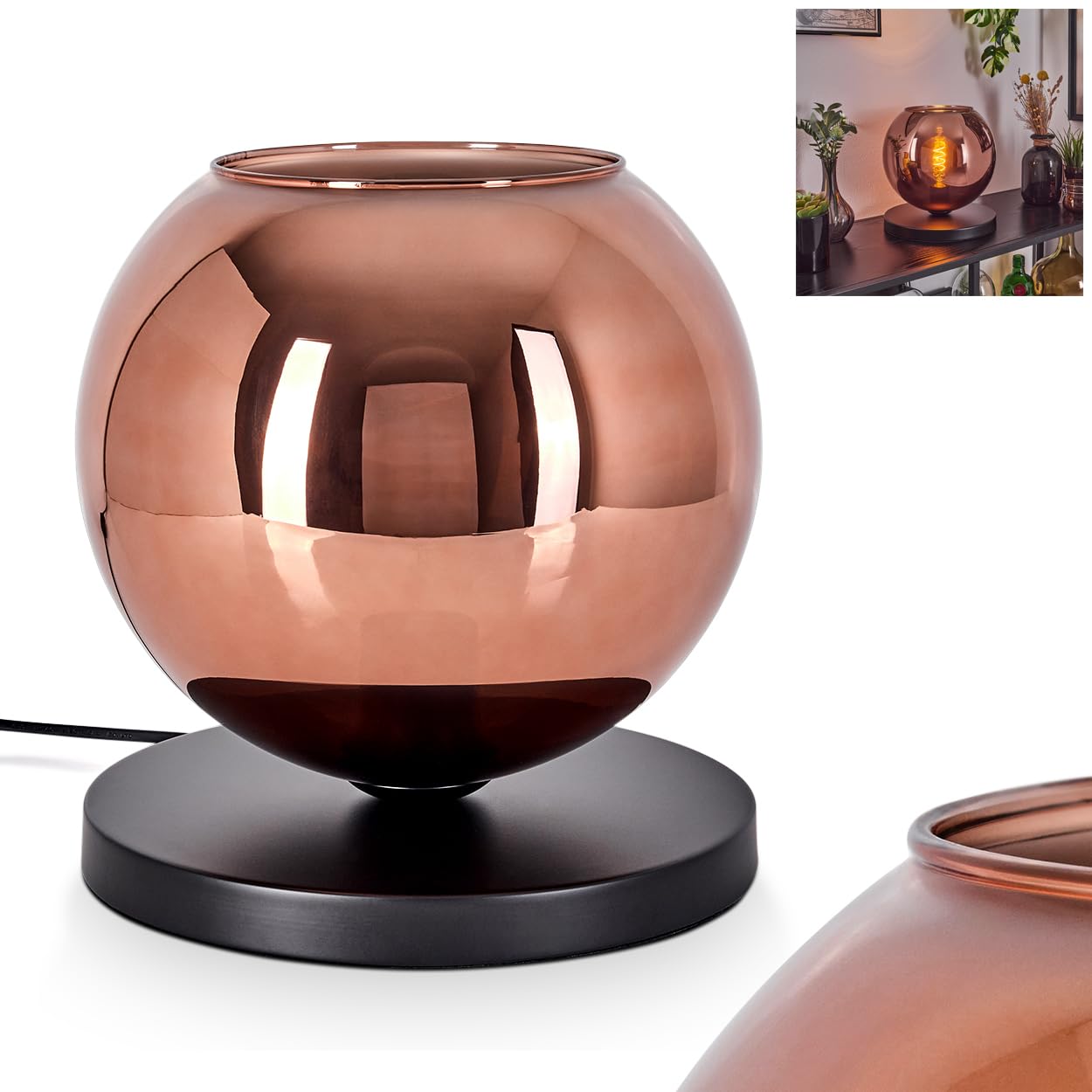 Tischleuchte Koyoto, Tischlampe aus Metall/Glas in Schwarz/Kupferfarben, Leuchte im modernen Retro/Vintage-Design mit Schirm aus Glas (Ø 25 cm) u. An/-Auschalter am Kabel, 1 x E27, ohne Leuchtmittel