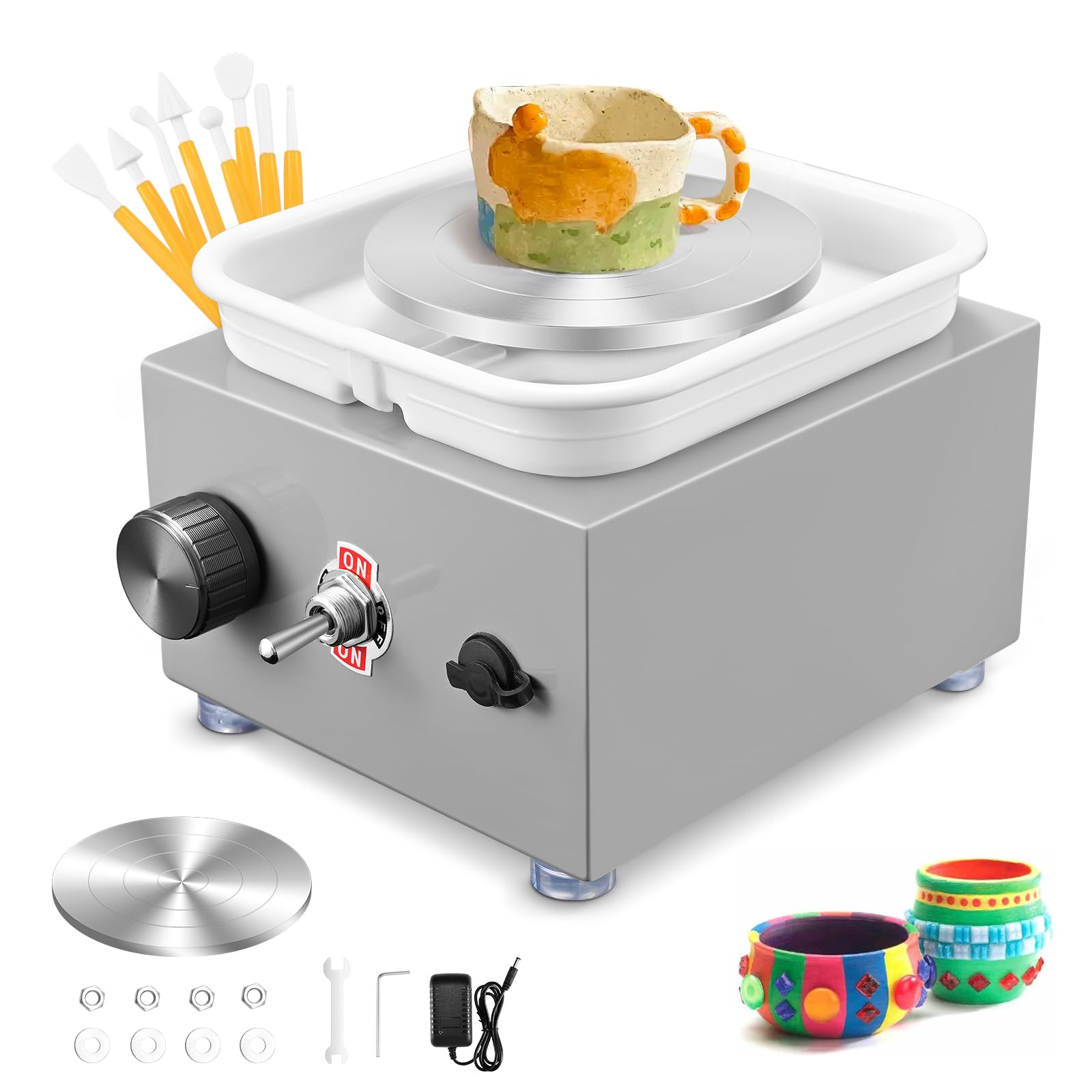 Mini Elektrisch Töpfermaschine, Couleeur 2000RPM 10/6.5CM Einstellbare Geschwindigkeit Metall-Drehteller Mini Töpferscheibe mit Tonformwerkzeug Geliefert und ABS-Becken für Töpfer-Heimwerker (Grau)