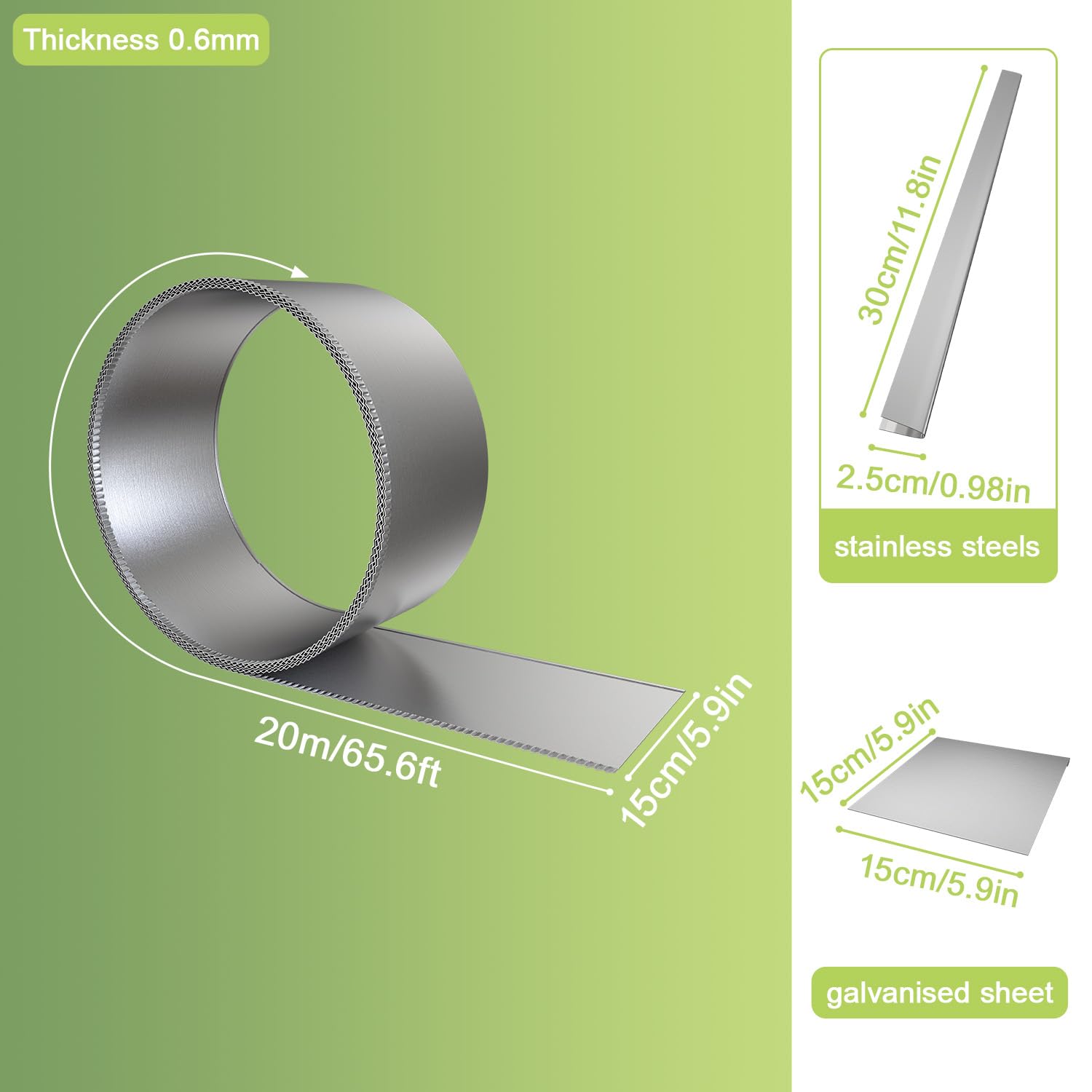 FIVMEN Bordure de pelouse en métal galvanisé avec bords dentelés - 20 m - Hauteur : 15 cm - Argenté