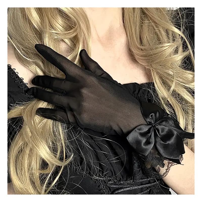 Short Lace Mesh Gloves Tulle Border with Bow Wedding Funeral Opera Tea Party Gloves for Women4