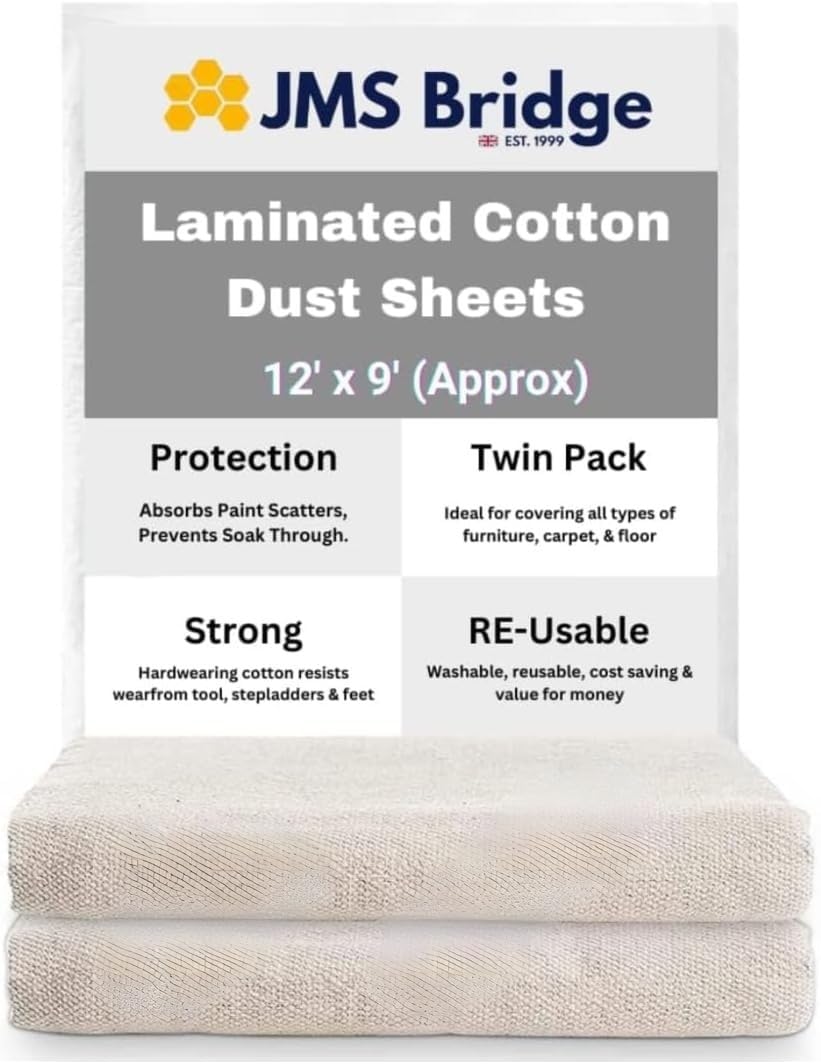 Jms Bridge Beige 2 X Laminated Cotton Dust Sheets For Decorating 12Ft X 9Ft (3.6M X 2.7M) Waterproof Cotton Twill Backed Polythene Protective Covers For Floor & Furniture | Painting | Diy & Home Renovation