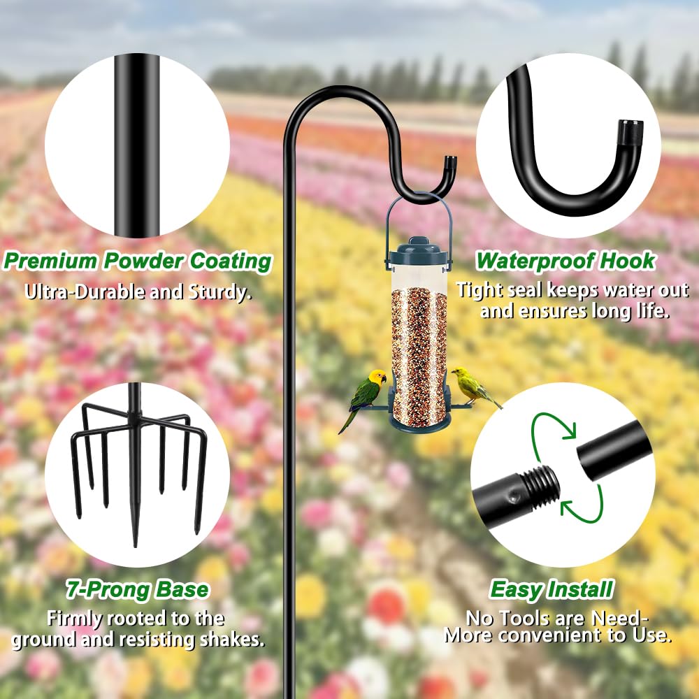 ANIDEER Ganchos de pastor de 84 pulgadas para exteriores, comedero de pájaros de jardín resistente, comedero colgante para pájaros, linternas de luz solar, gancho para colgar plantas al aire libre con