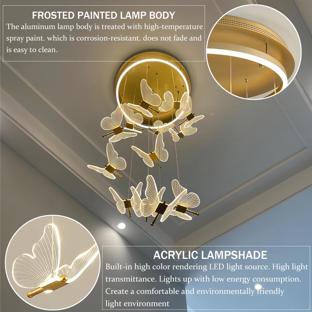 Żyrandole LED do przedpokoju Salon Wysoki żyrandol sufitowy Akrylowy motyl Duże lampy wiszące Oprawa oświetleniowa Nowoczesna jadalnia Przedpokój Światła na schody Lampa sufitowa LED z możliwo