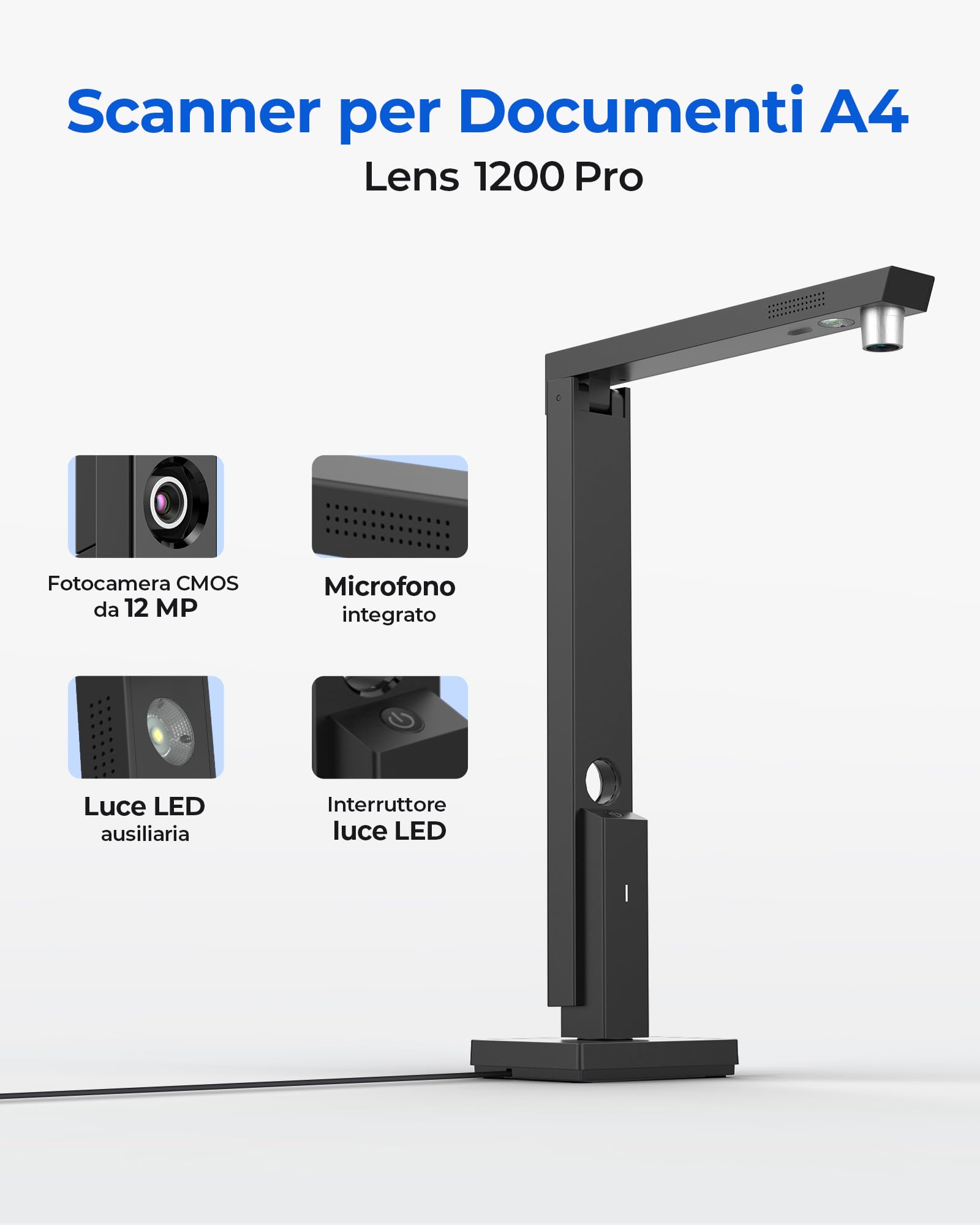CZUR Lens 1200 Pro Scanner Documenti 12MP Alta Risoluzione A4 330DPI Multilingue OCR Windows macOS