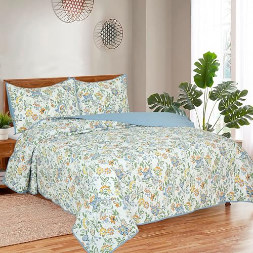 Image of ROYALE LINENS Twin Size 2 pc Quilt Set - Soft Lightweight 100% Microfiber Quilted Set - Printed Bedspread - Quilted Blanket Thin Comforter - Bedding Coverlets for All Seasons (Blue, 1 Quilt- 1 Sham)
