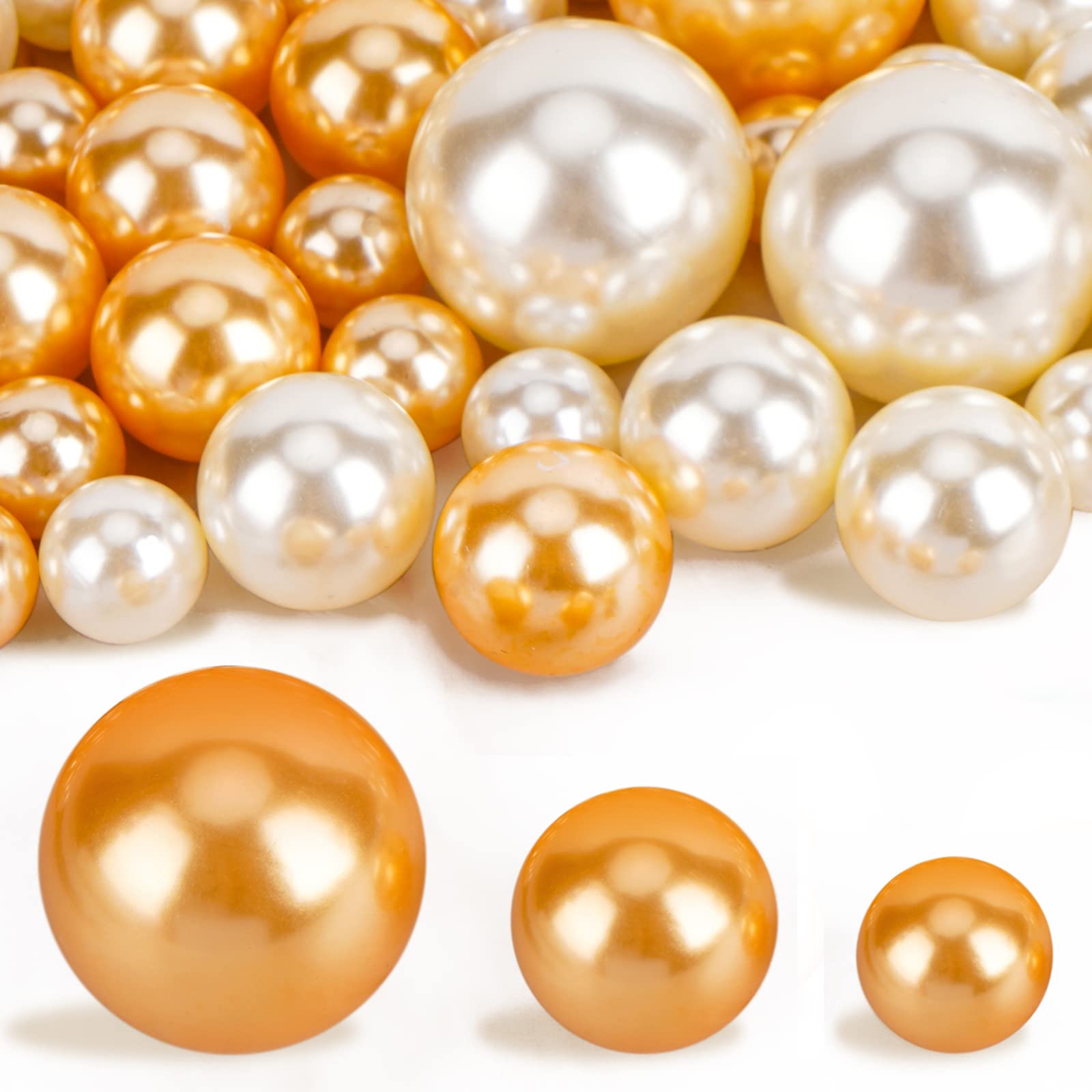 Assorted Pearls and 2300PC Water Gel Beads, 100PC Floating No Hole Round Bead for Vase Fillers, Wedding, Birthday, Table Scatters, Centerpiece, Party Decor, 14/20/30mm, Ivory and Gold