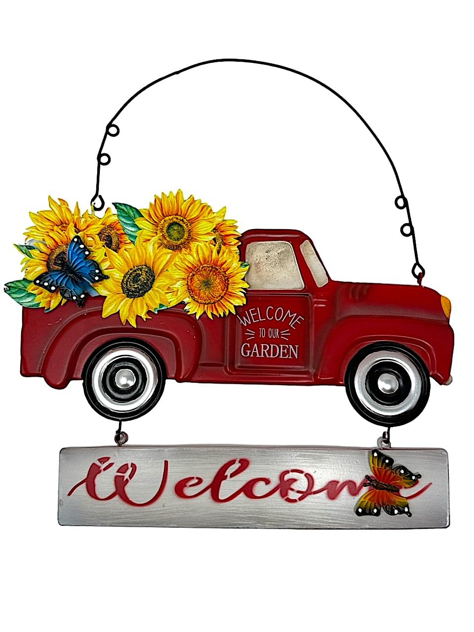 Welcome To Our Garden Metal Pick Up Truck Sign With Flowers For Entry Door Wall Porch Patio Garden Home Indoor Outdoor 12"x13" (Red Truck Welcome)