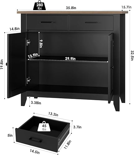 Miniatura 3 de HORSTORS Armario de almacenamiento de cocina, moderno gabinete de buffet de granja con almacenamiento, barra de café con 2 cajones y 2 puertas,
