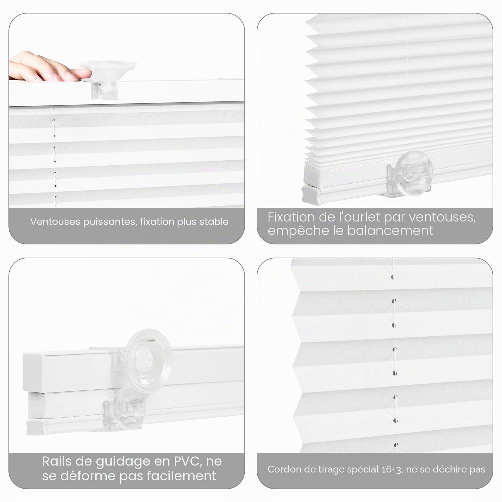 WOLTU Store Plissé sans Perçage avec Ventouses, Store Plissé Intérieur Translucide Protection Solaire pour Fenêtres Ordinaires, Fenêtres de Toit, Portes de Balcon, 90x130 cm, Blanc