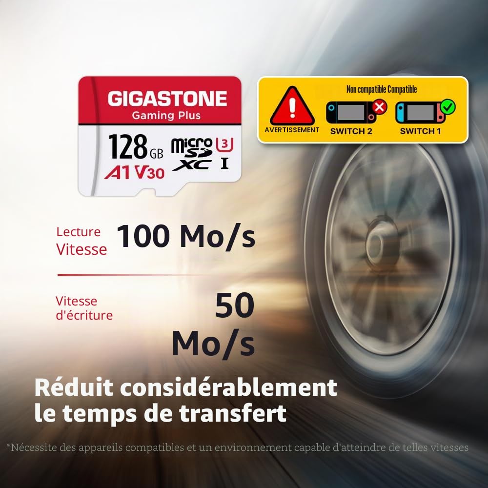 [Gigastone] Gaming Plus Carte mémoire Micro SDXC pour Nintendo Switch, Wyze, GoPro, caméra de sécurité, Enregistrement vidéo 4K, UHS-I A1 U3 V30 C10, jusqu'à 100 Mo/s, avec Adaptateur 128 Go