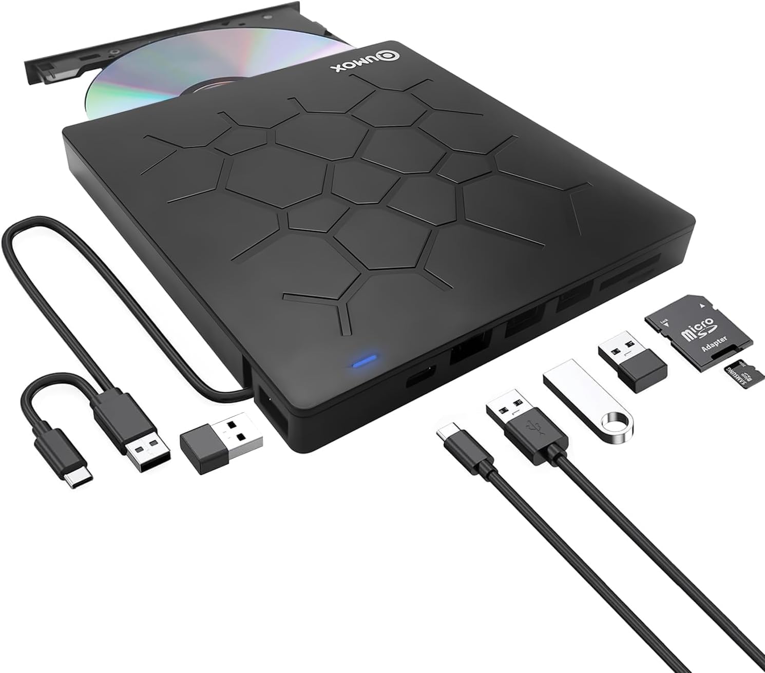 QUMOX Z312 External DVD Drive connected to a laptop via USB, with a CD inserted. Icons show its functions: Music, Movie, Data Backup, TF/SD Card Reader, Software Installation, Burn & Copy CD/DVD.