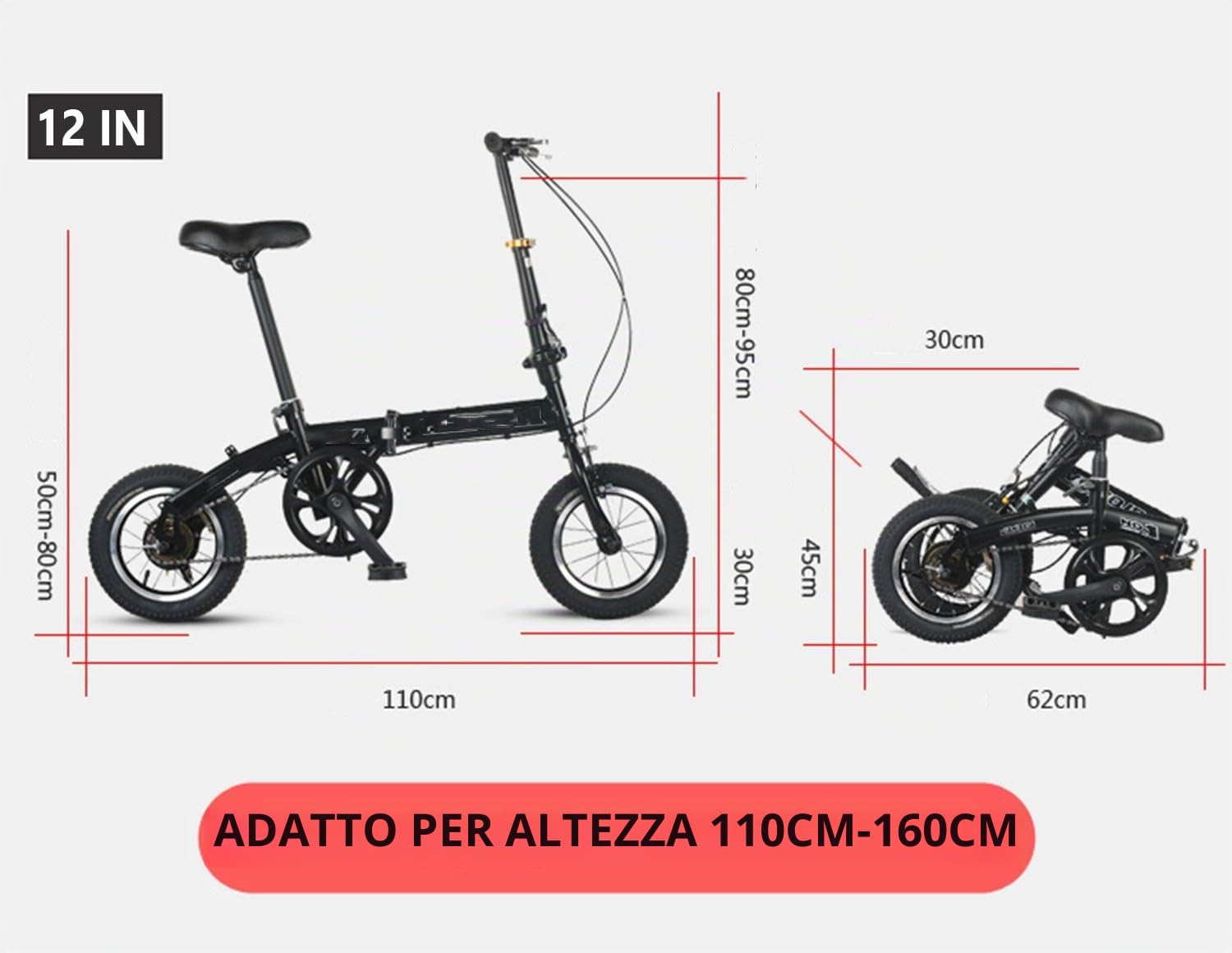 Bicicletta pieghevole per adulti da 12 pollici, bicicletta pieghevole urbana, bicicletta pieghevole portatile leggera per studenti e pendolari urbani