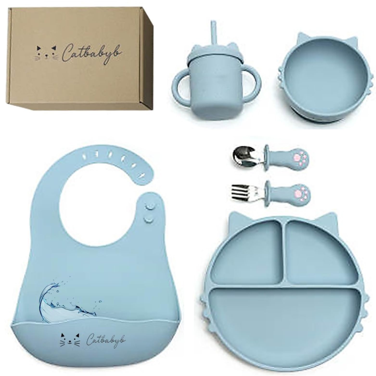 coffrets repas pour bébé Silicone, Lot de 6, Assiette Ventouse, 3 Compartiments pour Bébé, Set Couverts, Bol Ventouse, Bavoir Réglable, Tasse d’Apprentissage