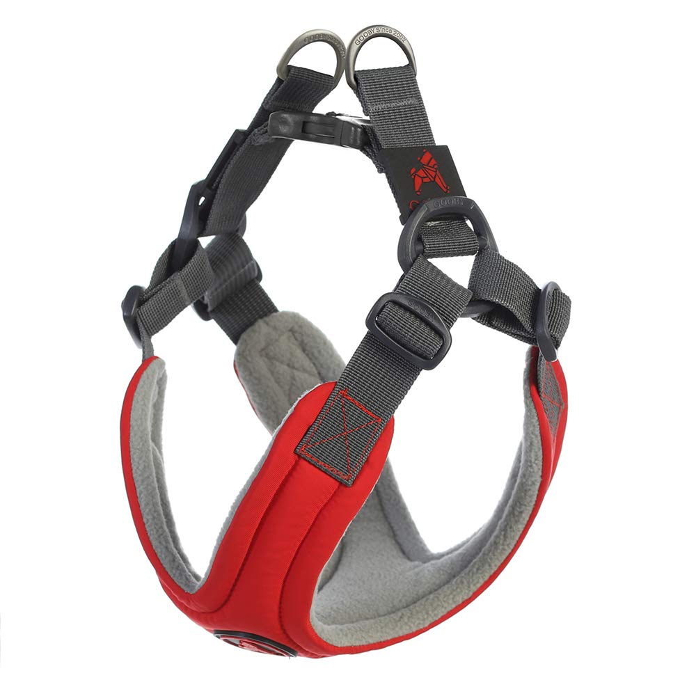Gooby Escape Free - Arnés de Espuma viscoelástica para Perros pequeños, sin tirones, con Ajuste de Cuatro Puntos, Llevar y para Perros pequeños, Color Rojo, Talla S | Diseño sin escapes, se contrae en la parte trasera; acolchado de espuma viscoelástica; a