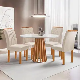 Conjunto Mesa Tampo Redondo Plus Vidro Kansas 100cm 4 Cadeiras Arizona Cinamomo/off White/suede Bege