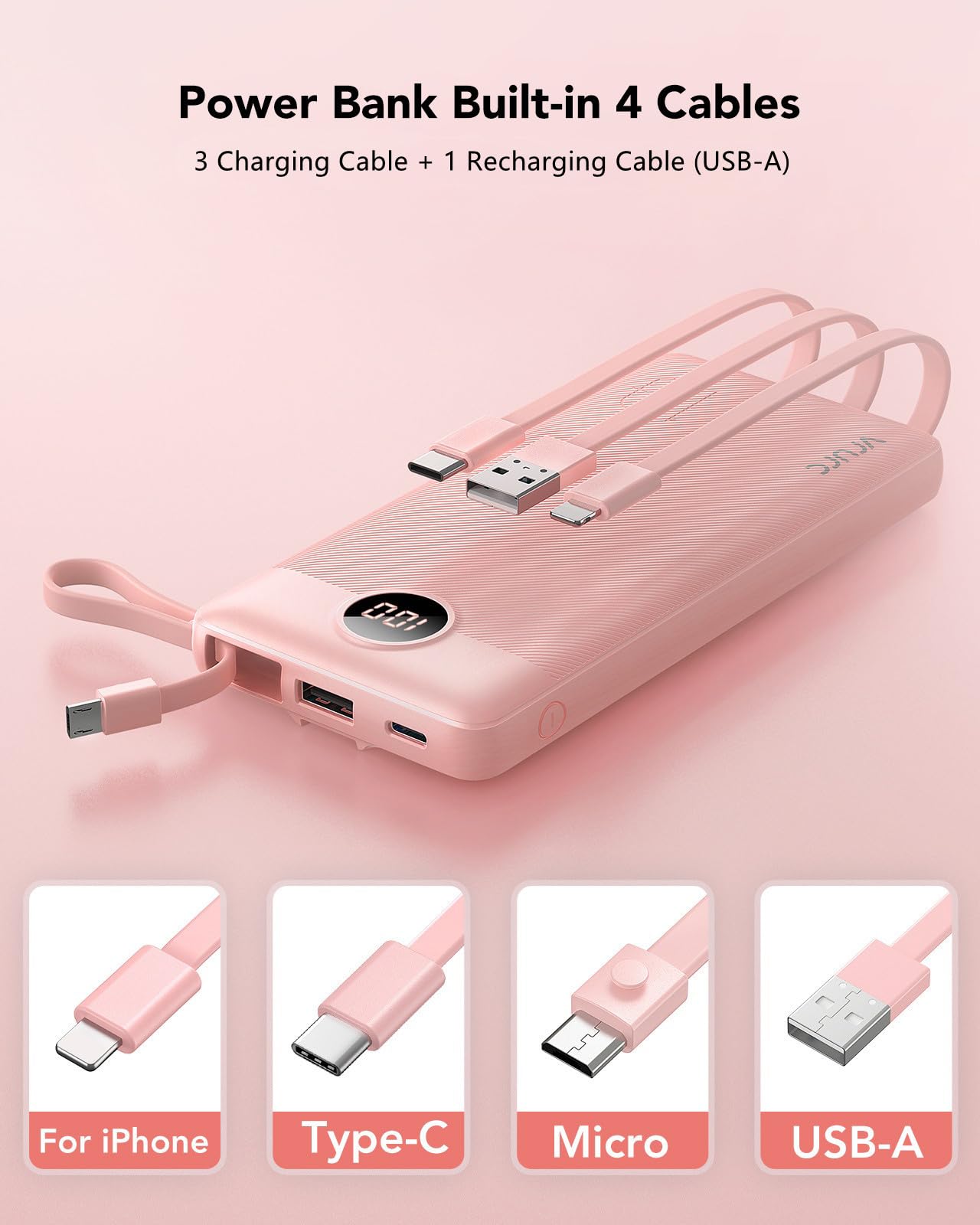 VRURC Portable Charger, Slim Power Bank Built-in 4 Cables, Travel Essential view 2