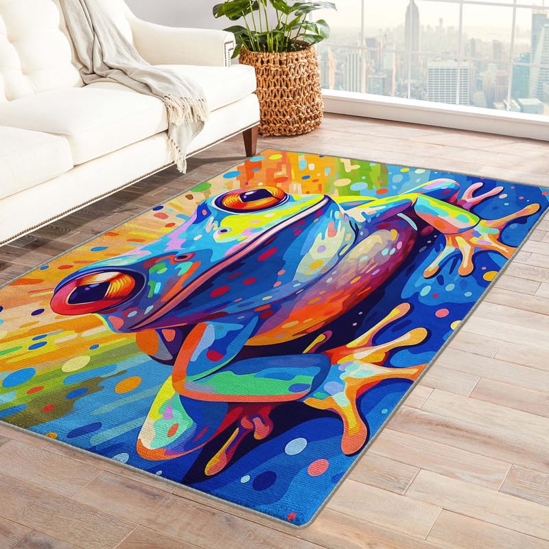 Washable Rugs for Living Room Bedroom, Frog Rug & Home Decor, Colorful Amphibian Area Rug 6x8, Non Slip Soft Low Pile Non-Shedding Indoor Carpet,