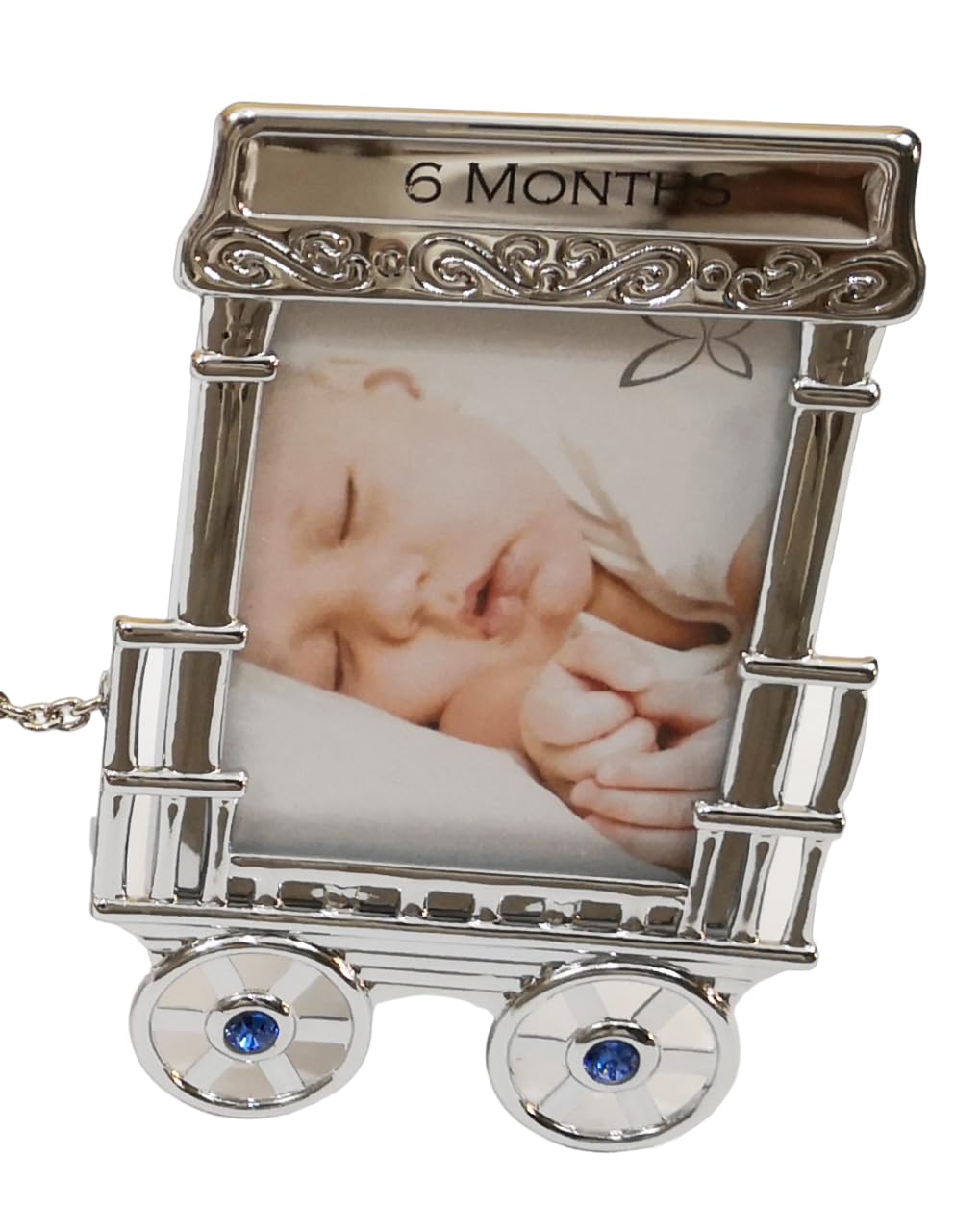CORNICE PORTAFOTO Trenino con 2 vagoni Argentati con scritta NEW BORN - 3 e 6 MONTHS - CRYSTOCRAFT BOMBONIERE Nascita Battesimo Bimbo Bimba