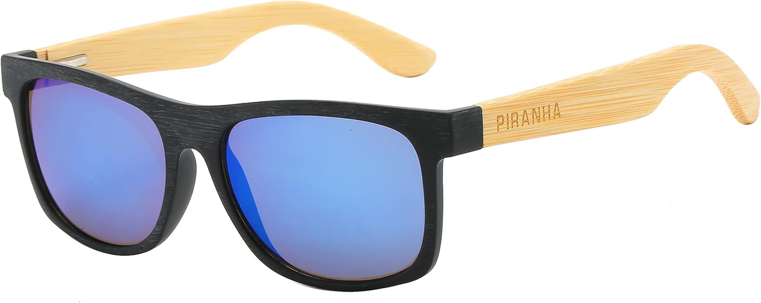 Piranha Klaus Black Frame Sunglasses with Bamboo Temples and Mirrored Blue Lens