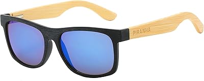 Piranha Klaus Black Frame Sunglasses with Bamboo Temples and Mirrored Blue Lens