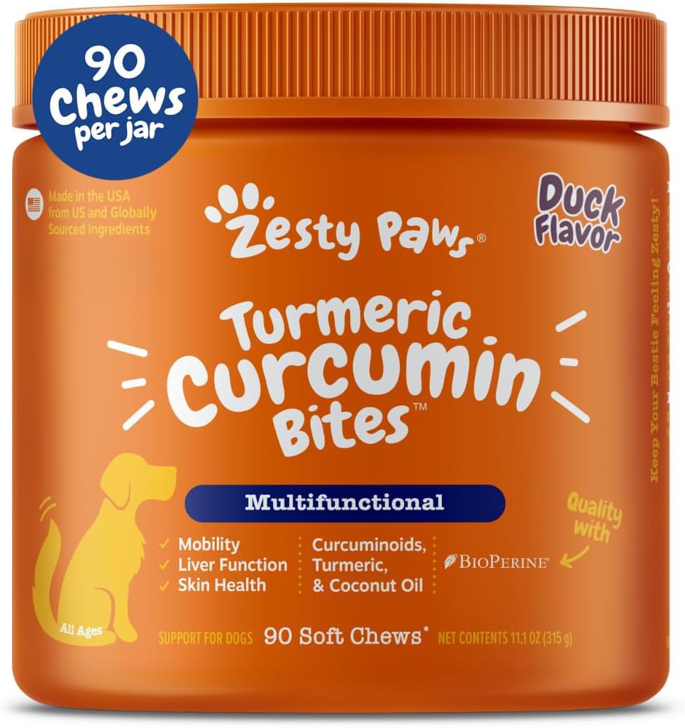 Zesty Paws Turmeric Curcumin for Dogs - for Hip & Joint Mobility Supports Canine Digestive Cardiovascular & Liver Health - Coconut Oil for Skin Health with 95% Curcuminoids + BioPerine Duck, 90 Count