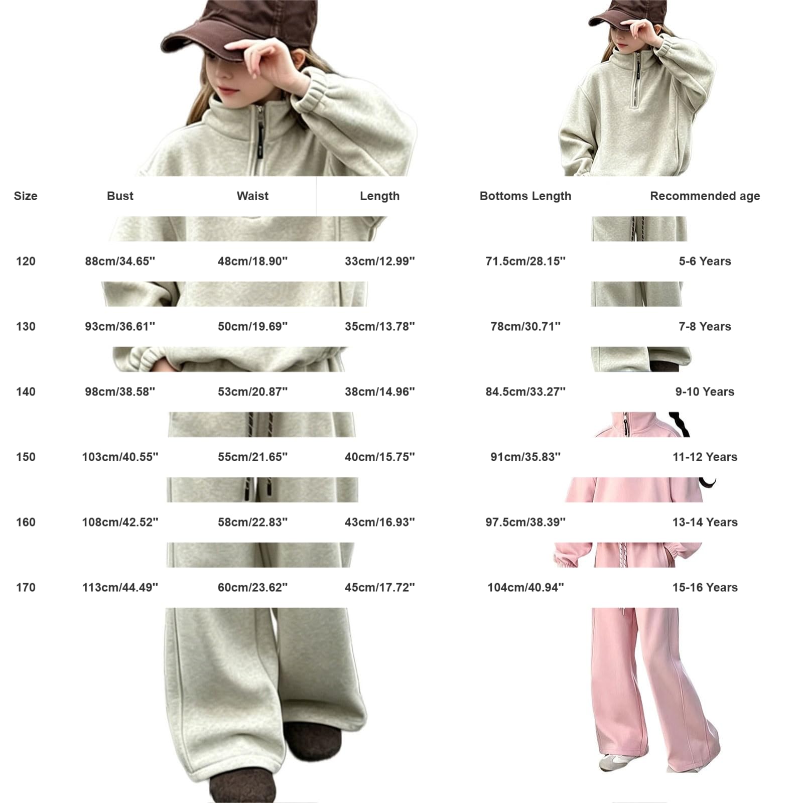 Tuta da ragazza con cappuccio e pantaloni della tuta con mezza zip, rosa, 7-8 anni | Felpa con cappuccio e pantaloni sportivi per bambini, set da 2 pezzi, per la scuola, casual, comodo, con cerniera a un quarto