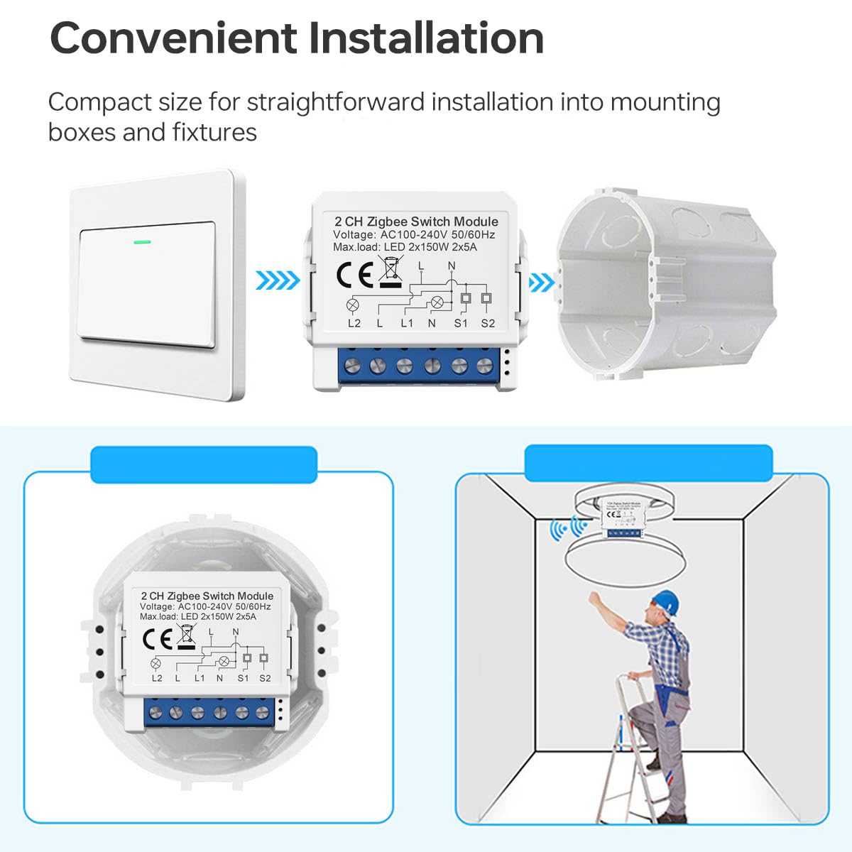Commutateur intelligent Zigbee Commutateur ZigBee Mini commutateurs intelligents pour éclairage 2 voies 2x5A Neutre requis, pour la domotique, Compatible avec Alexa/Google Home Assistant,