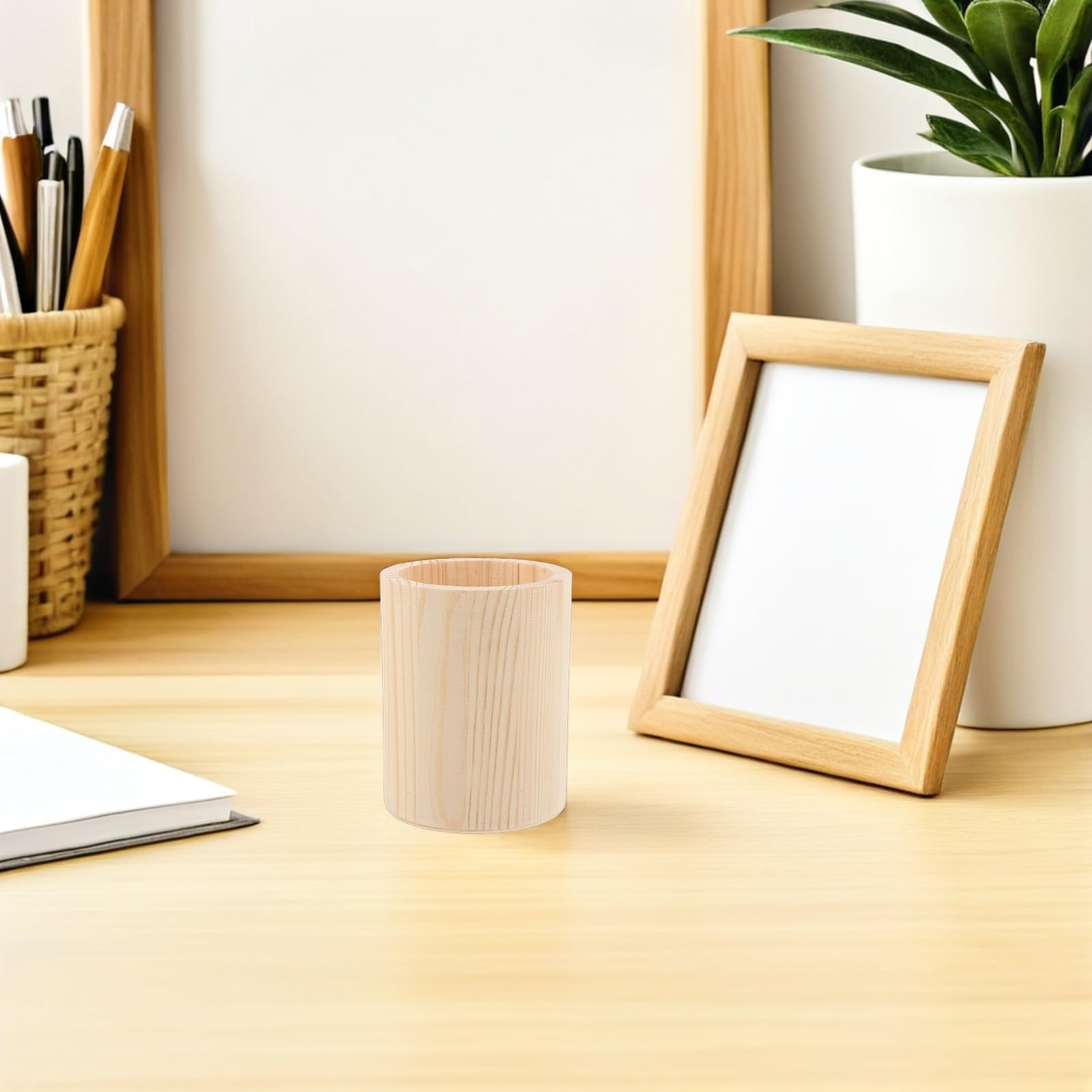 4 Portalápices de Madera Natural para Escritorio Organizador Hexagonal y Redondo DIY Contenedor Rústico para Pinceles de Maquillaje y Papelería Set de 4 Unidades Beige