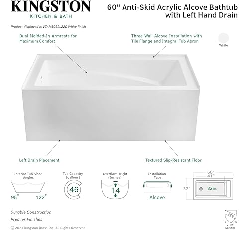Miniatura 7 de Aqua Eden VTAM6032L22D - Tina de alcoba de acrílico antideslizante de 3 paredes de 60 pulgadas con orificio de drenaje para mano izquierda, color
