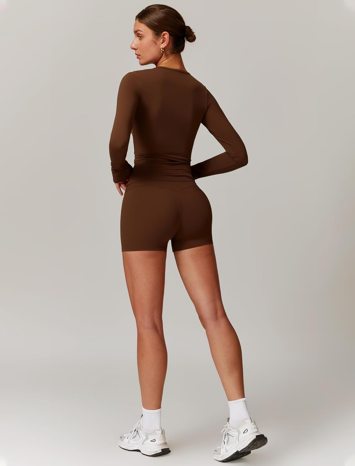 Womens Workout Sets Two Piece Long Sleeve Top Matching High Waist Shorts Sets Fall Winter Gym Work Out Clothes - Image 2