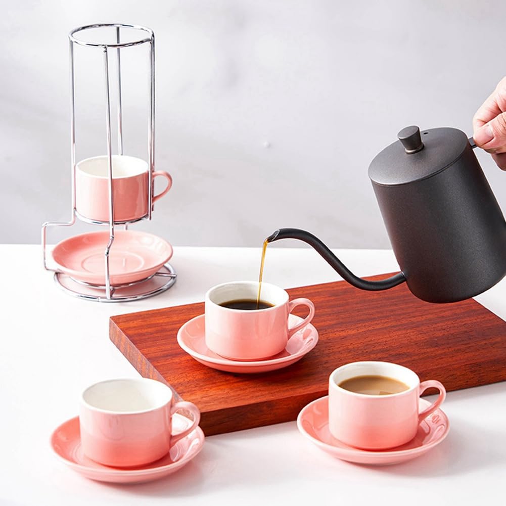 Tazas de Capuchino Apilables de Porcelana con Platillos y Soporte de Metal, Tazas de Espresso para Café con Leche, Café de Especialidad A